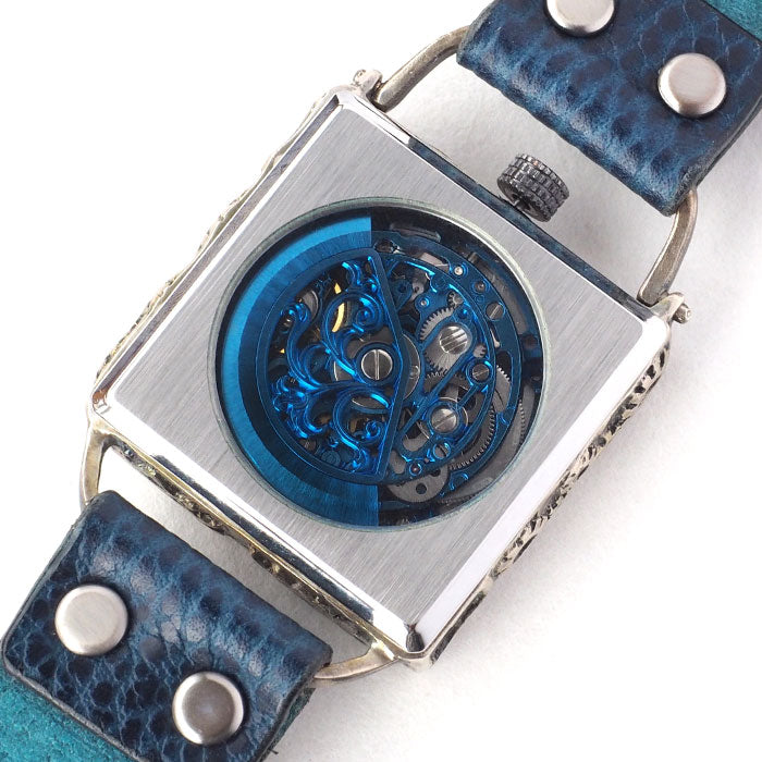 KINO(キノ) 手作り 腕時計 自動巻き 裏スケルトン メカニックブルー スクエア シルバーケース [K-19-MBL-BL]メンズ レディース