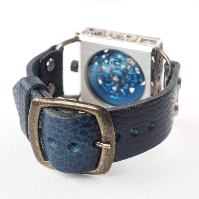 KINO(キノ) 手作り 腕時計 自動巻き 裏スケルトン メカニックブルー スクエア シルバーケース [K-19-MBL-BL]メンズ レディース