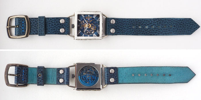 KINO(キノ) 手作り 腕時計 自動巻き 裏スケルトン メカニックブルー スクエア シルバーケース [K-19-MBL-BL]メンズ レディース