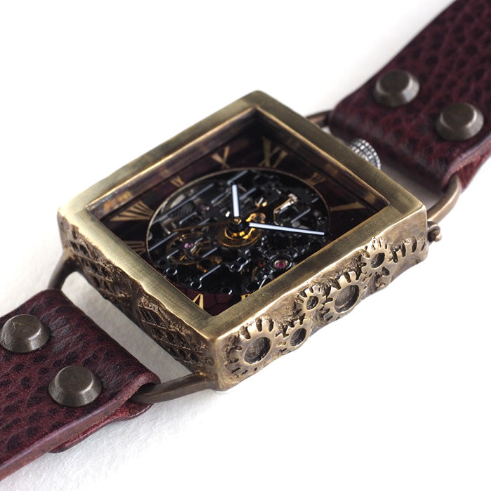 KINO(キノ) 手作り腕時計 自動巻き 裏スケルトン メカニックブラックスクエア ワインブラウン [K-19-MBK-WBR]