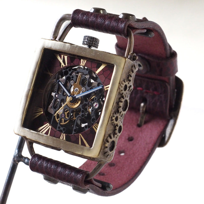 KINO(キノ) 手作り腕時計 自動巻き 裏スケルトン メカニックブラックスクエア ワインブラウン [K-19-MBK-WBR]