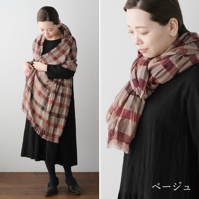 kobooriza 工房織座 ウール100％ ウールリネン混 チェックショール メンズ・レディース [K-OS-HC04]