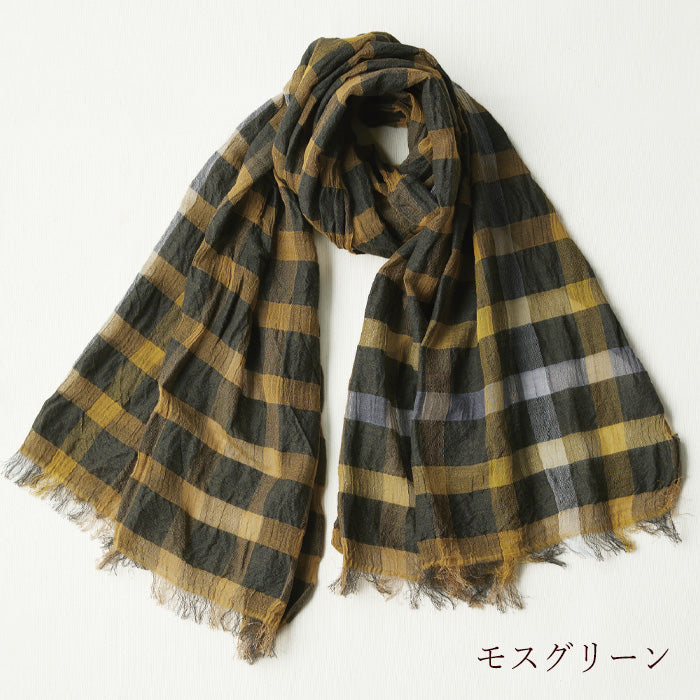 kobooriza 工房織座 ウール100％ ウールリネン混 チェックショール メンズ・レディース [K-OS-HC04]