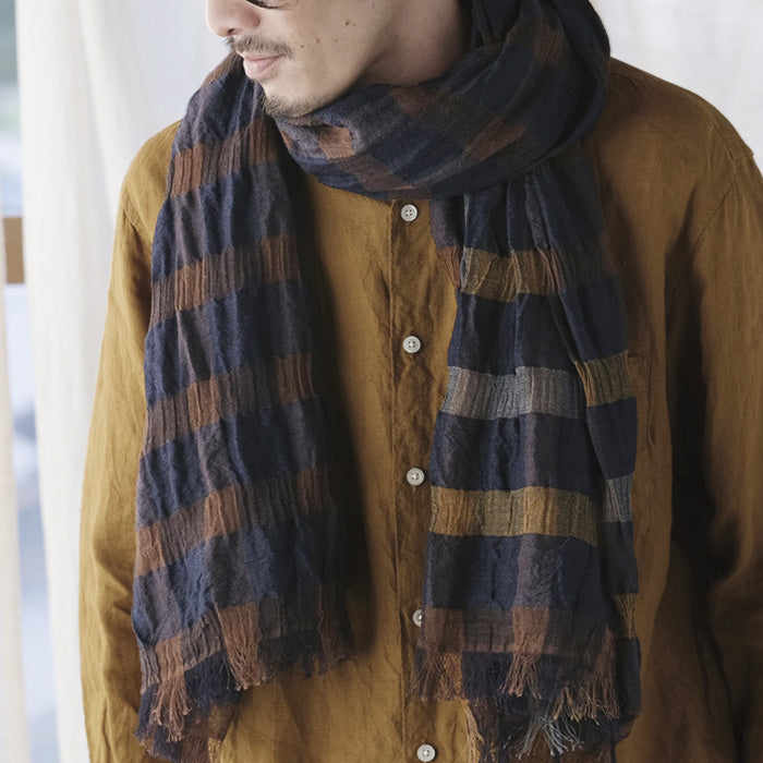 kobooriza 工房織座 ウール100％ ウールリネン混 チェックショール メンズ・レディース [K-OS-HC04]