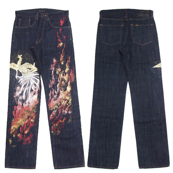 [50% OFF] ZEN Kyo-Yuzen Hand-painted Real Gold and Silver Foil Premium Jeans "Phoenix" 30inch [KDP003-09]