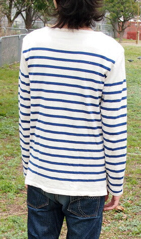 Hand-dyed Meya Loop-knit Tenjiku Basque Shirt Striped Long-sleeve Off-white x Navy Men's/Women's [KL-001N] 