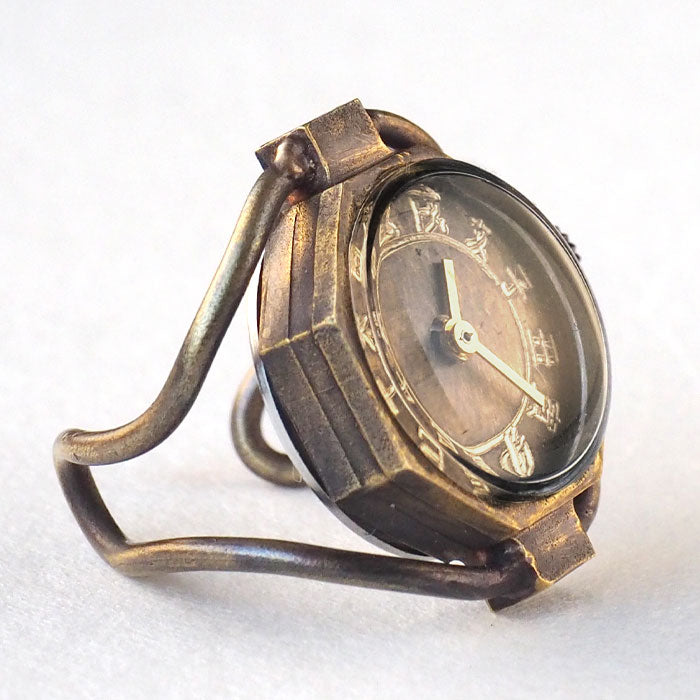 KS（ケーエス）手作り リングウォッチ 真鍮 八角形ケース 干支文字盤 [KS-RBW-01] 指時計 指輪時計 和時計 フィンガーウォッチ JHA 篠原康治 ハンドメイド