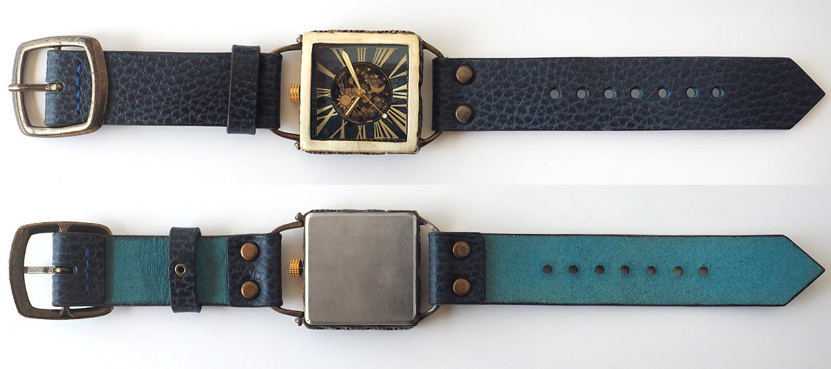 KINO Handmade Watch Change World SUN &amp; MOON Square Brass Blue [L-17-BL]