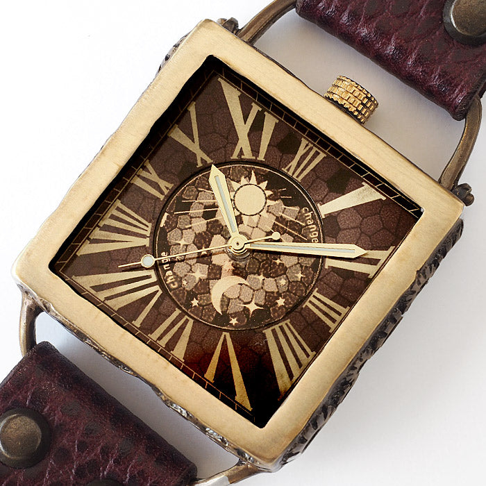 KINO(キノ) 手作り腕時計 チェンジワールド SUN＆MOON スクエア 真鍮 ワインブラウン [L-17-WBR]