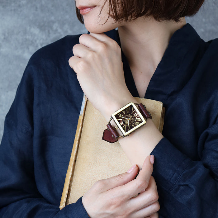 KINO(キノ) 手作り腕時計 チェンジワールド SUN＆MOON スクエア 真鍮 ワインブラウン [L-17-WBR]