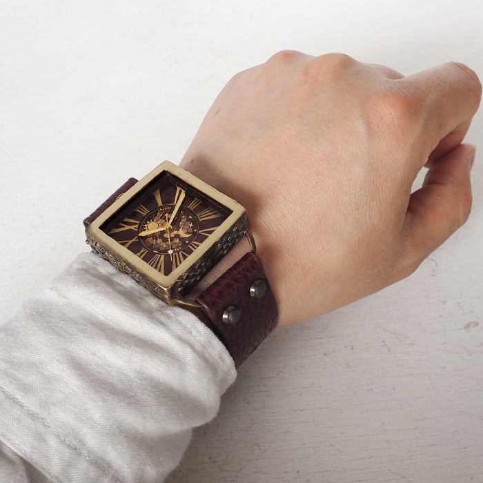 KINO(キノ) 手作り腕時計 チェンジワールド SUN＆MOON スクエア 真鍮 ワインブラウン [L-17-WBR]