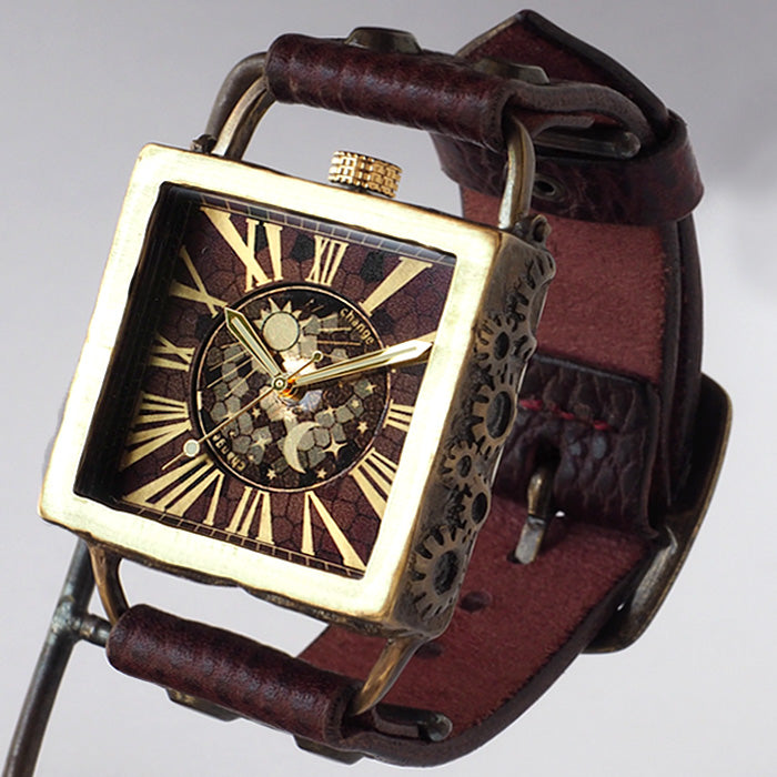 KINO(キノ) 手作り腕時計 チェンジワールド SUN＆MOON スクエア 真鍮 ワインブラウン [L-17-WBR]