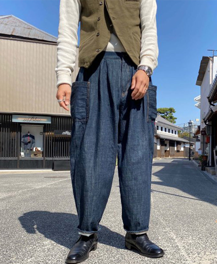 graphzero(グラフゼロ) タックギャザーパンツ インディゴ メンズ レディース 男女兼用 [La-TGPT-0503-ID]