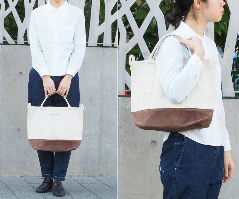 【丸洗いOK・3色】MOUNTAIN DA CHERRY (マウンテン ダ チェリー) 倉敷帆布4号キャンバス マルチトートバッグ S 生成り×ピッグスエード [MDC-MTS]