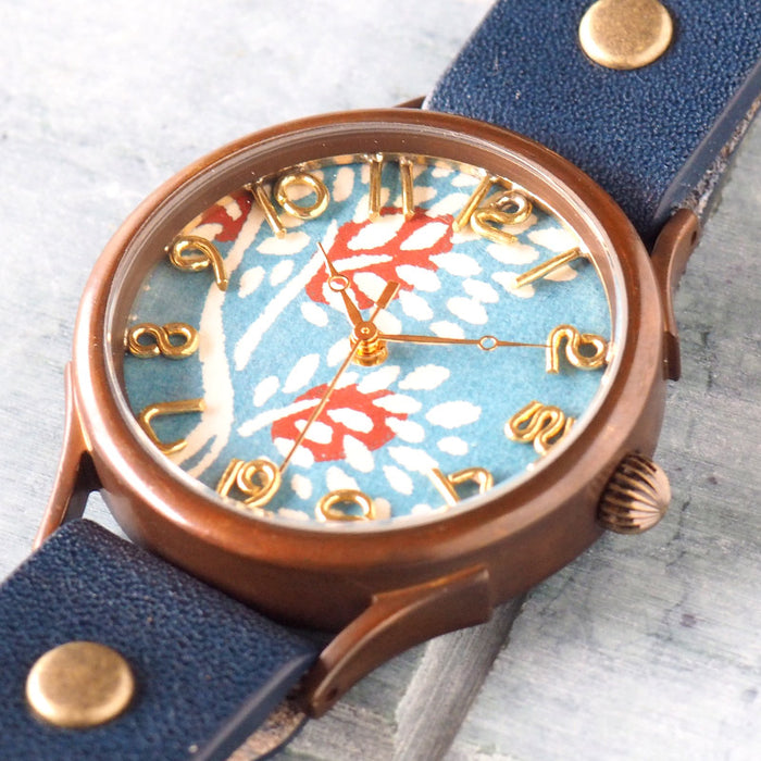 vie（ヴィー） 手作り腕時計 “和tch” 和紙文字盤 和時計 南天 ブルー Lサイズ [WJ-004L-BL]