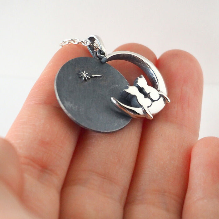 moge Handmade Silver Accessories Moon Gondola -Crescent Moon and Cat- Silver Necklace [mo-N-044] 