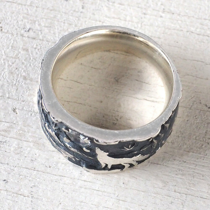 moge（モゲ） 手作りシルバーアクセサリー 蒼い月への咆哮 ー狼ー シルバーリング 13mm [mo-R-095]