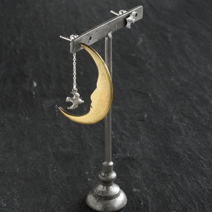 sasakihitomi (Sasaki Hitomi) Moon and Bird Earrings Brass &amp; Silver 925 Binaural Set Women's [No-018] 
