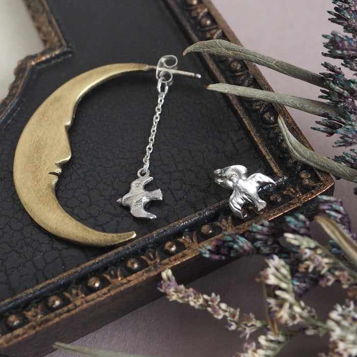 sasakihitomi 月亮和鳥耳環黃銅和銀 925 雙耳套裝女士 [No-018] 