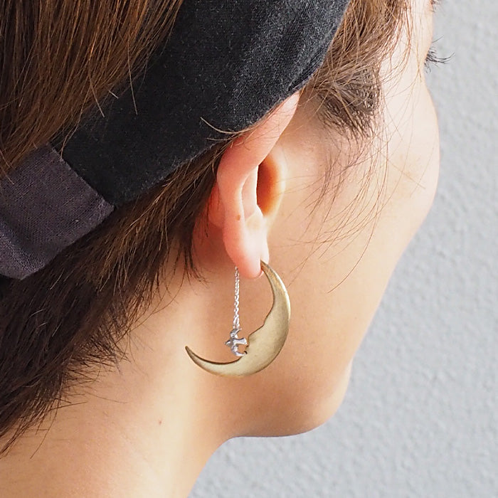 sasakihitomi (Sasaki Hitomi) Moon and Bird Earrings Brass &amp; Silver 925 Binaural Set Women's [No-018] 