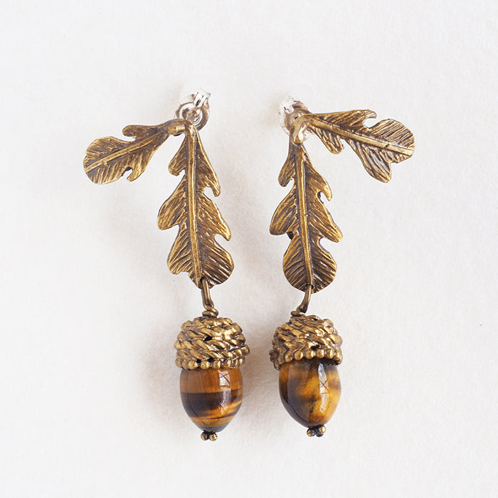sasakihitomi Acorn Earrings Brass &amp; Tiger Eye Binaural Set Women's [No-025] 