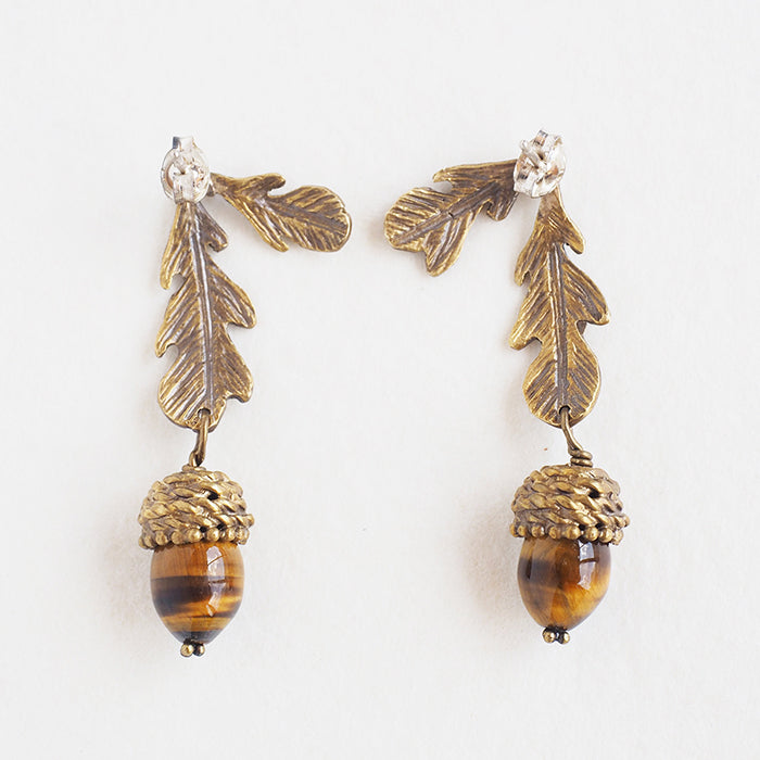 sasakihitomi Acorn Earrings Brass &amp; Tiger Eye Binaural Set Women's [No-025] 