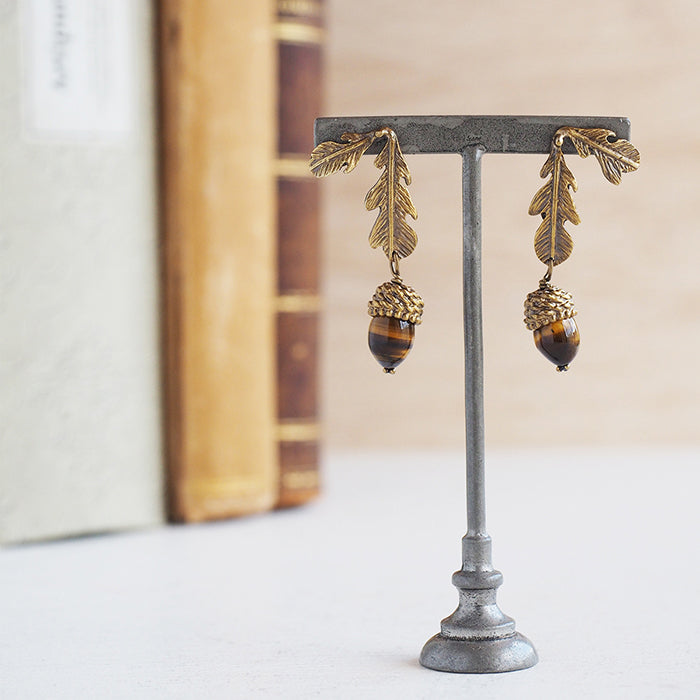 sasakihitomi Acorn Earrings Brass &amp; Tiger Eye Binaural Set Women's [No-025] 