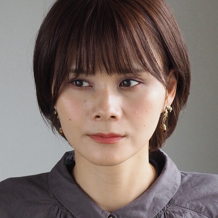 sasakihitomi Acorn Earrings 黃銅 &amp; Tiger Eye 雙耳套裝 女款 [No-025] 