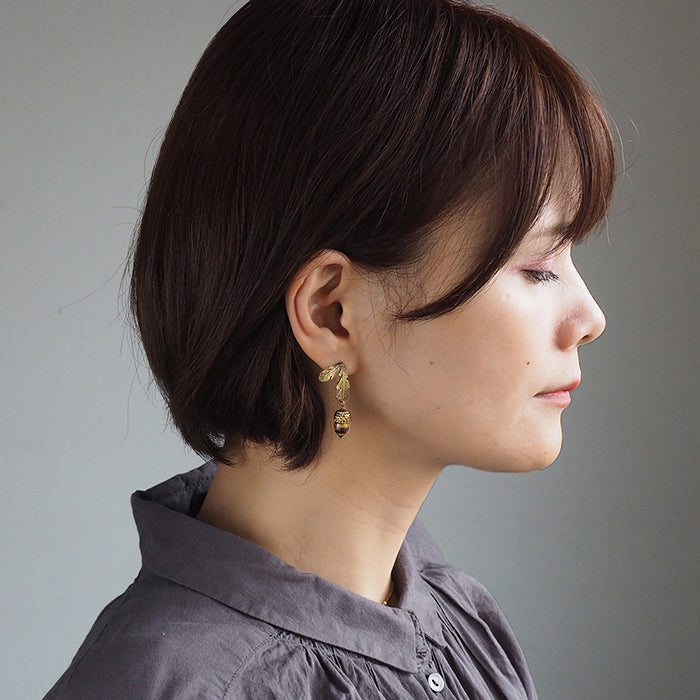 sasakihitomi Acorn Earrings 黃銅 &amp; Tiger Eye 雙耳套裝 女款 [No-025] 