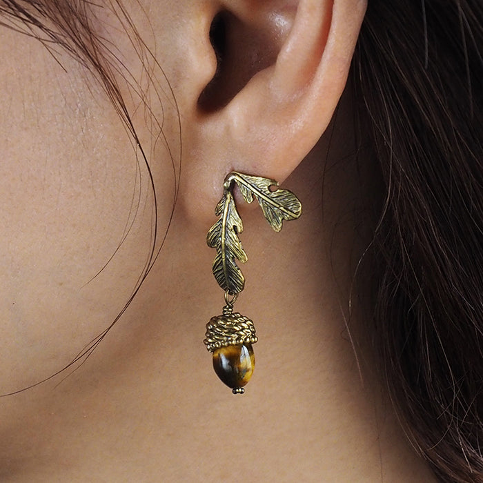 sasakihitomi Acorn Earrings Brass &amp; Tiger Eye Binaural Set Women's [No-025] 