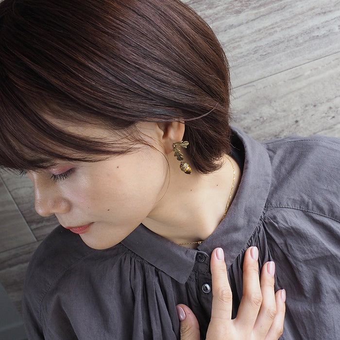 sasakihitomi Acorn Earrings Brass &amp; Tiger Eye Binaural Set Women's [No-025] 