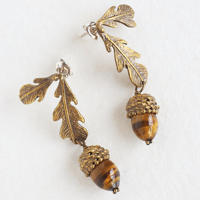 sasakihitomi Acorn Earrings Brass &amp; Tiger Eye Binaural Set Women's [No-025] 