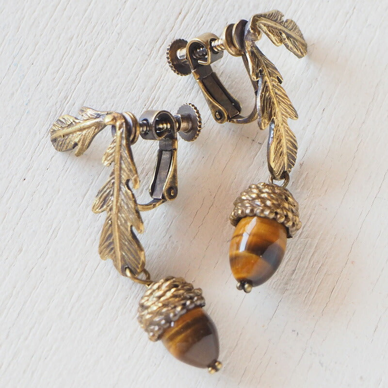 sasakihitomi Acorn Earrings Brass &amp; Tiger Eye Binaural Set Women's [No-025-E] 