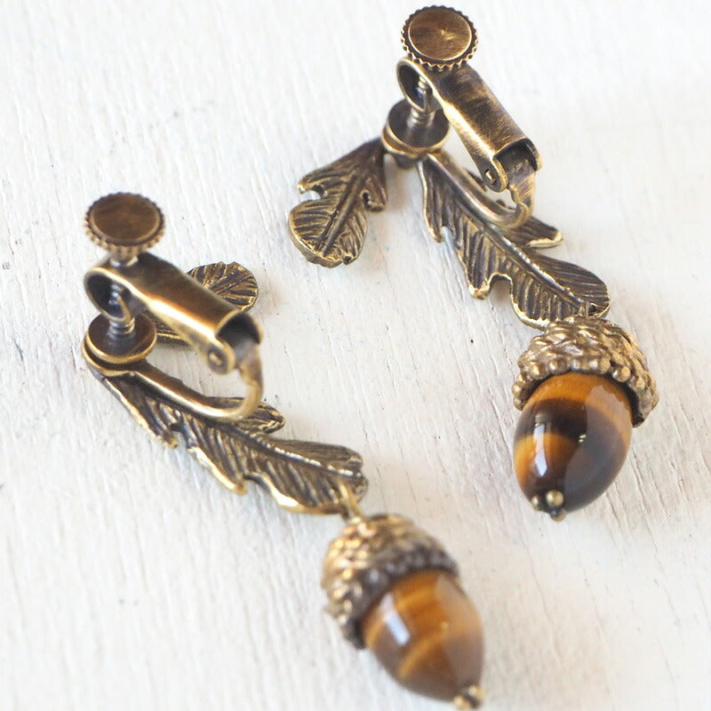 sasakihitomi Acorn Earrings Brass &amp; Tiger Eye Binaural Set Women's [No-025-E] 