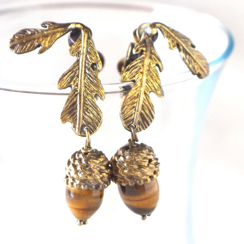 sasakihitomi Acorn Earrings Brass &amp; Tiger Eye Binaural Set Women's [No-025-E] 