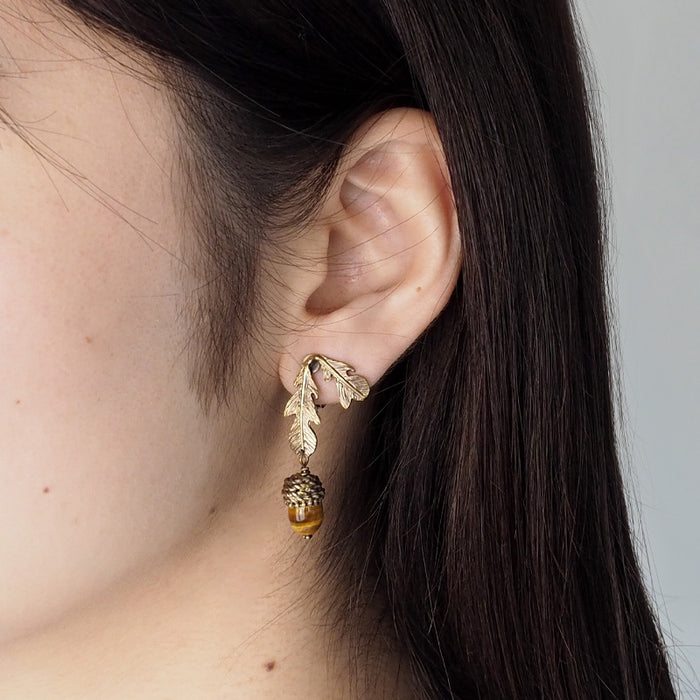 sasakihitomi Acorn Earrings Brass &amp; Tiger Eye Binaural Set Women's [No-025-E] 