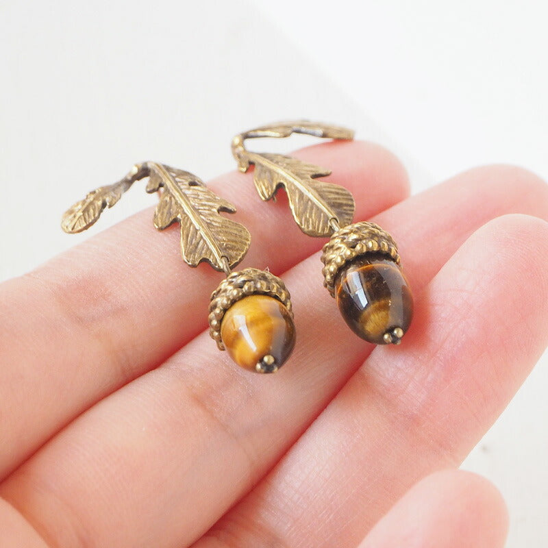 sasakihitomi Acorn Earrings Brass &amp; Tiger Eye Binaural Set Women's [No-025-E] 