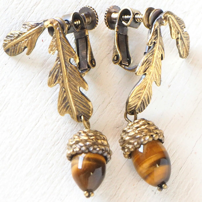 sasakihitomi Acorn Earrings Brass &amp; Tiger Eye Binaural Set Women's [No-025-E] 