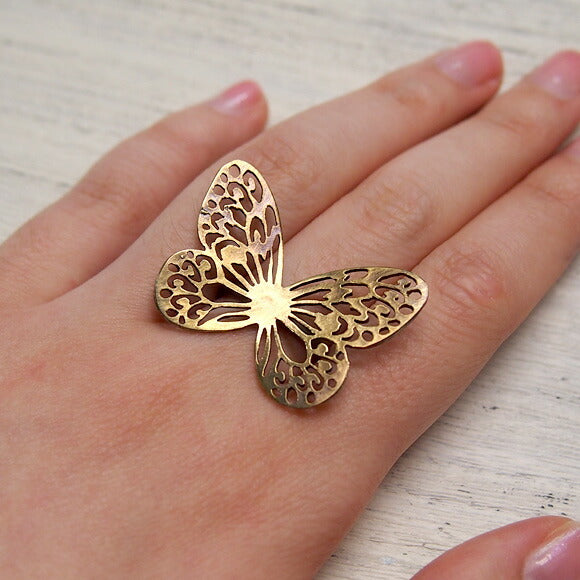 sasakihitomi butterfly ring brass S size oxidized finish free size ladies [No-034B] 