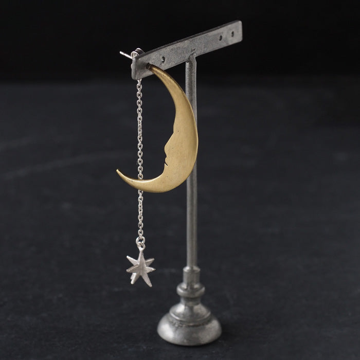Sasakihitomi 月亮和星星耳環單耳黃銅月亮和銀星女士 [No-039] 