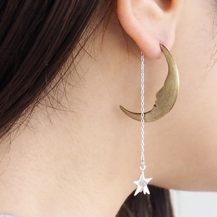 sasakihitomi(ササキヒトミ) 月と星のピアス 片耳 真鍮の月＆シルバーの星 レディース [No-039]
