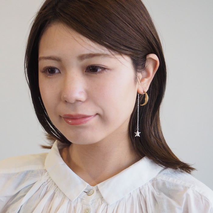 sasakihitomi (Sasaki Hitomi) 月亮和星星耳環 S 碼，黃銅月亮和銀色星星單耳女士 [No-039-B] 
