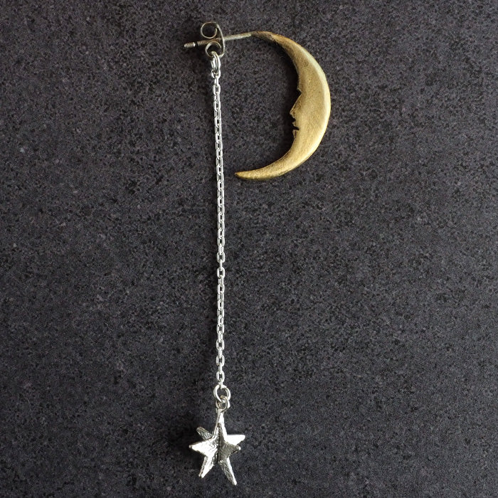 sasakihitomi (Sasaki Hitomi) 月亮和星星耳環 S 碼，黃銅月亮和銀色星星單耳女士 [No-039-B] 
