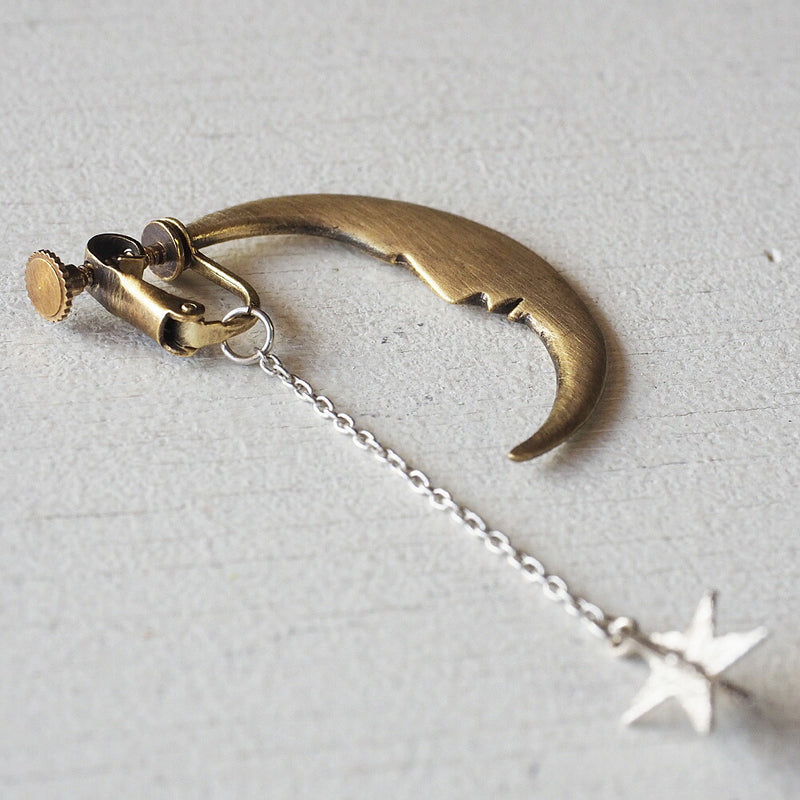 sasakihitomi moon and star earrings one ear silver &amp; brass ladies [No-039-E] 