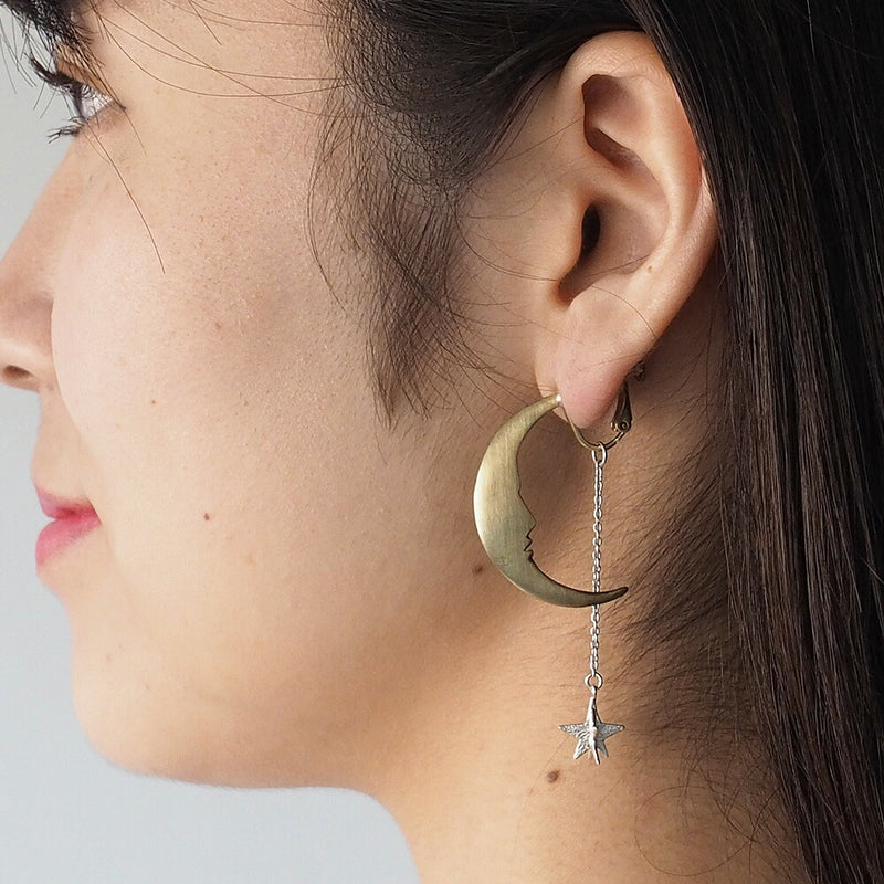 sasakihitomi moon and star earrings one ear silver &amp; brass ladies [No-039-E] 
