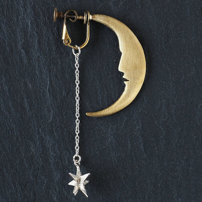 sasakihitomi 月亮和星星耳環單耳銀和黃銅女士 [No-039-E] 
