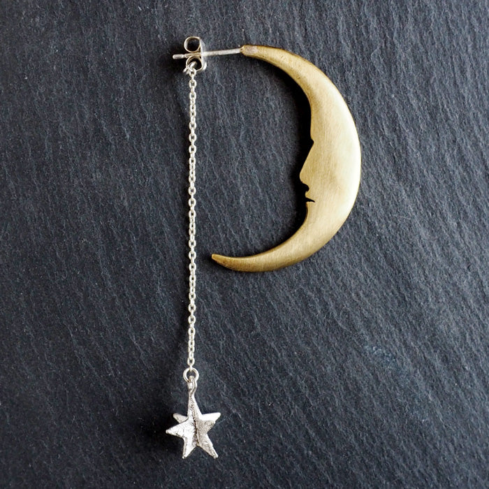 Sasakihitomi Moon and Star Earrings One Ear Brass Moon &amp; Silver Star Women's [No-039] 