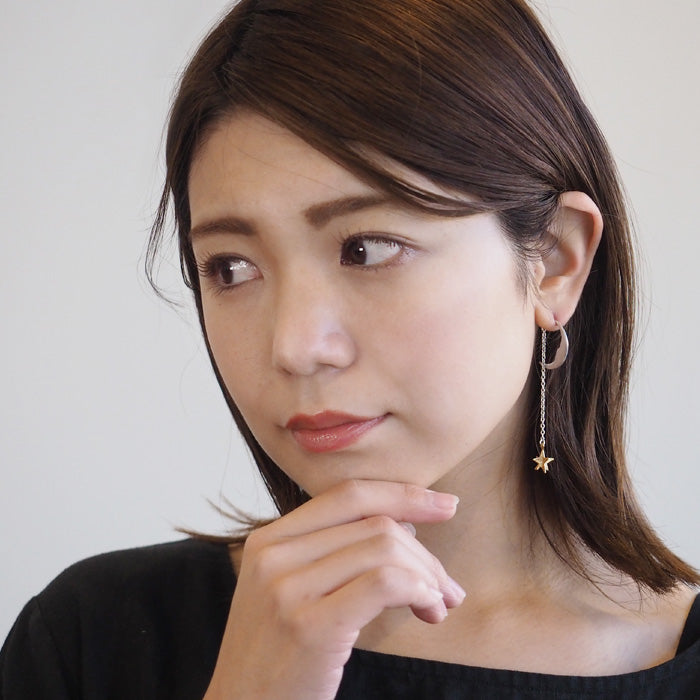 sasakihitomi Moon and Star Earrings S Size Silver Moon &amp; Brass Star One Ear Women's [No-039-S] 
