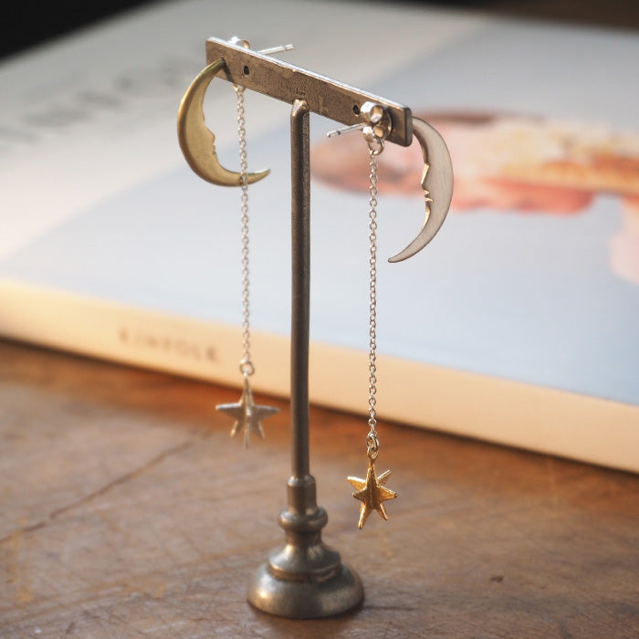 sasakihitomi Moon and Star Earrings S Size Silver Moon &amp; Brass Star One Ear Women's [No-039-S] 