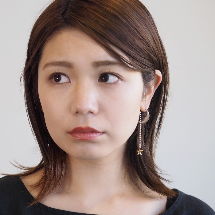 sasakihitomi Moon and Star Earrings S Size Silver Moon &amp; Brass Star One Ear Women's [No-039-S] 